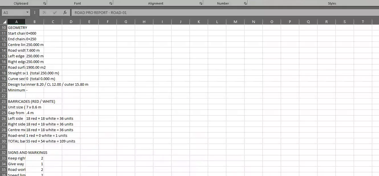 RoadPro report open in Excel: geometry, barricade counts by side and colour, signs and markings