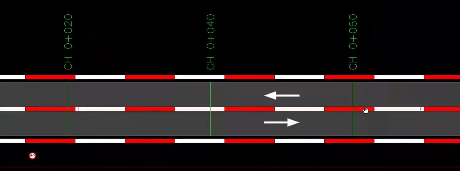 Road plan in AutoCAD: red and white barricades, centre line, lane arrows and chainage marks every 20 m