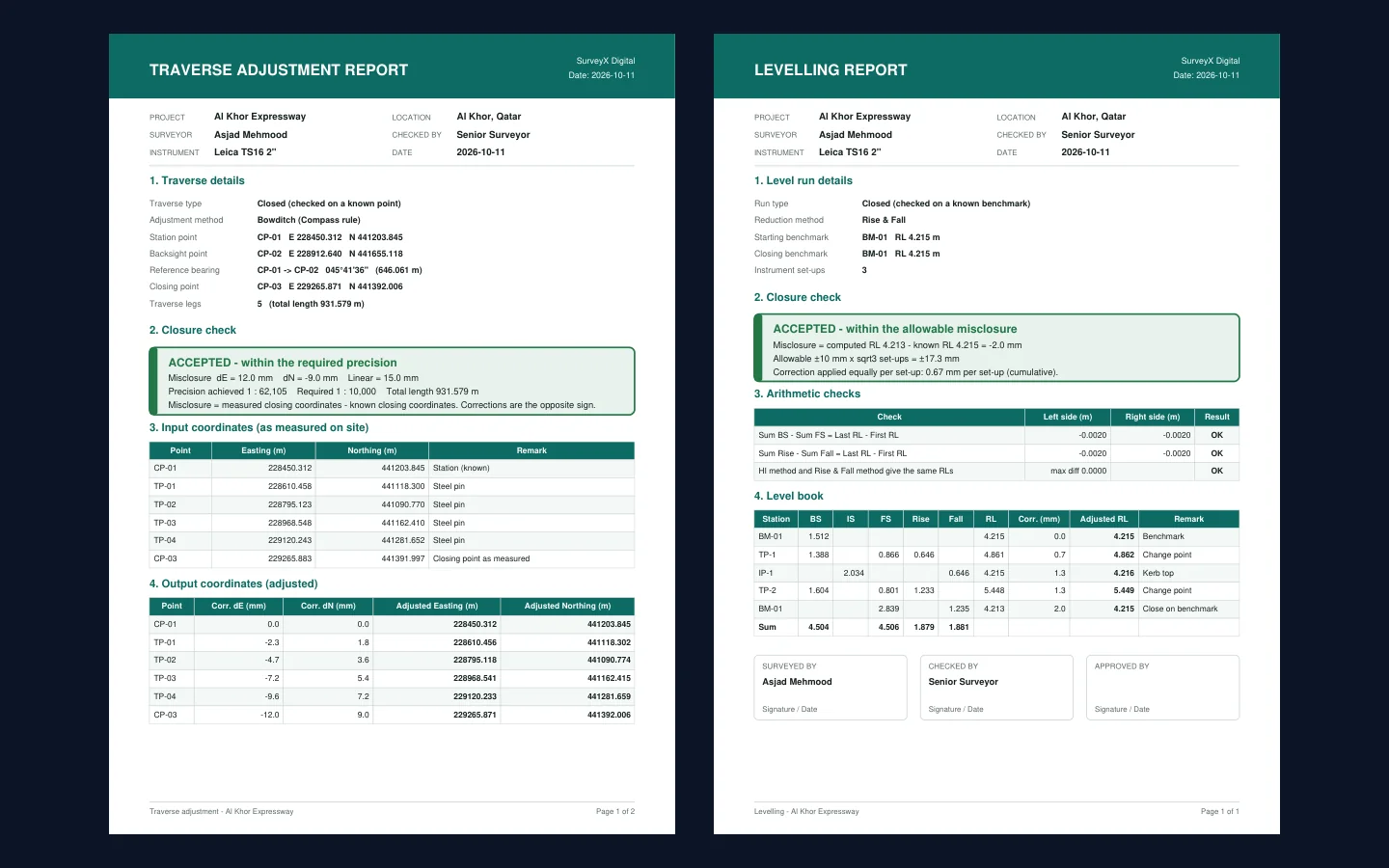 Traverse adjustment report and levelling report, with closure checks and adjusted coordinates