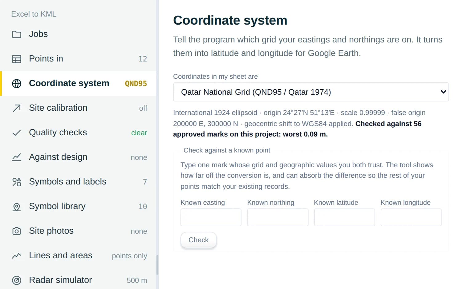 Coordinate system panel with the Qatar National Grid (QND95) chosen, its definition and a check against a known point