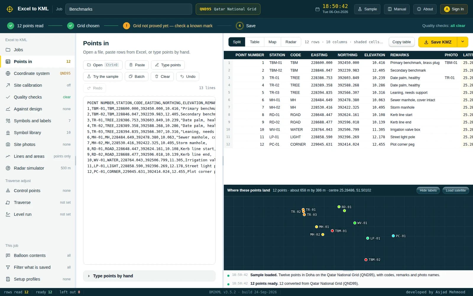 Points in: the sample sheet loaded, with the points table and a preview of where they land